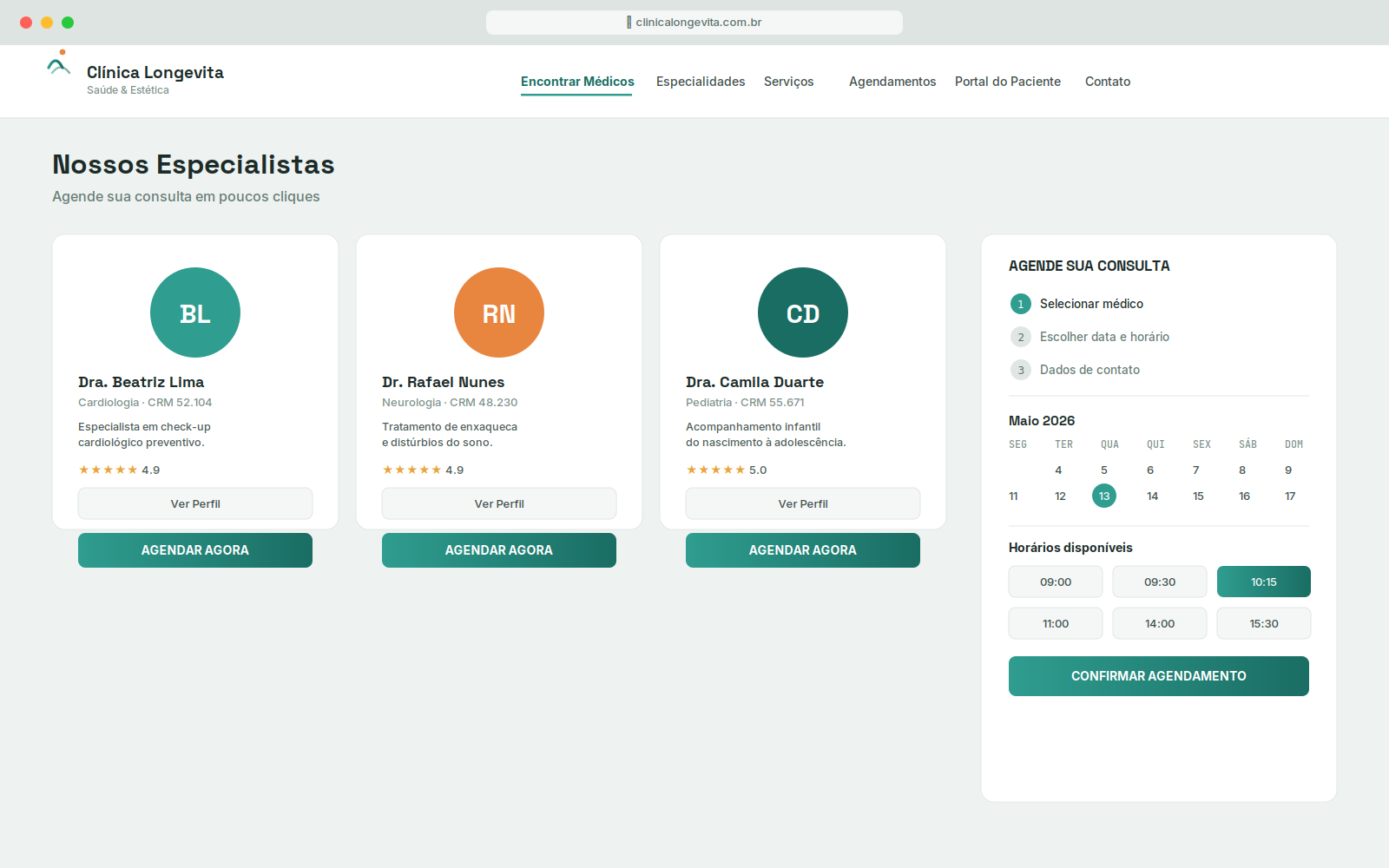 Portal de agendamento online desenvolvido para a Clínica Longevita, com seleção de especialista e calendário de horários
